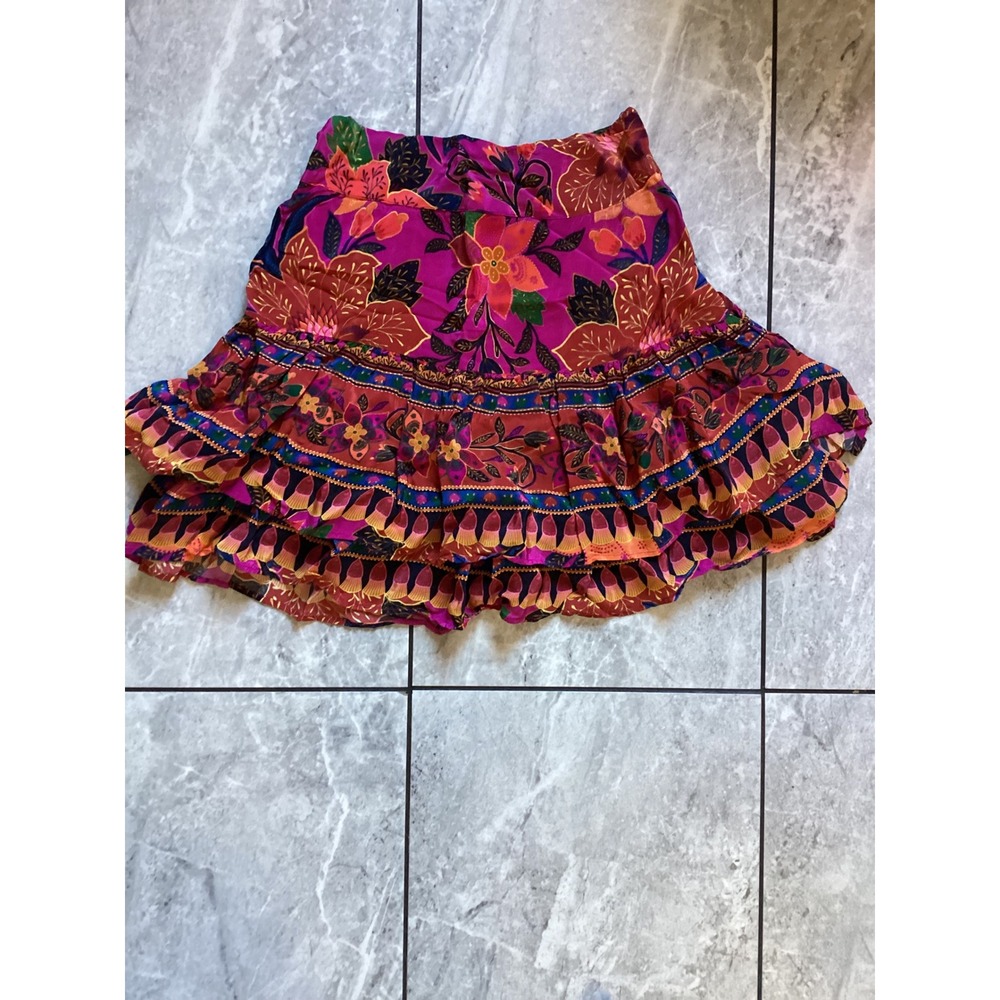 Farm Rio Magenta Tropical Floral Tiered Ruffle Mini Skirt XXS Boho Viscose